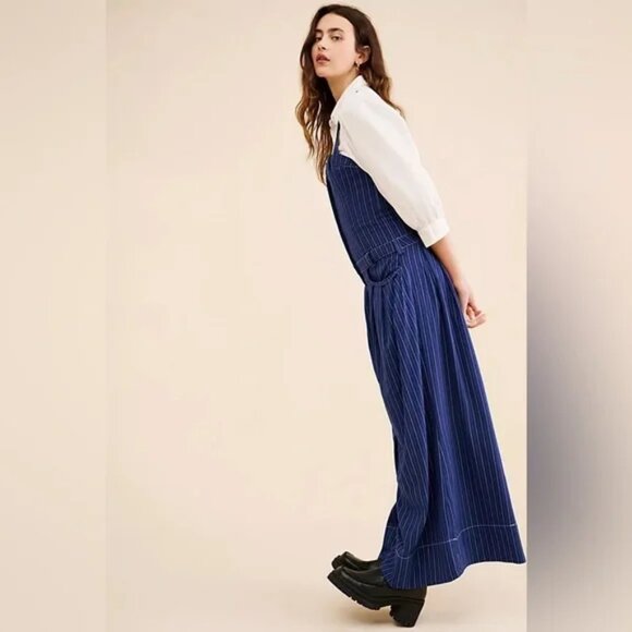 FREE PEOPLE Flores Jumpsuit CUTE! Pin stripes Wide Leg Vintage Denim Overalls S - Picture 10 of 12